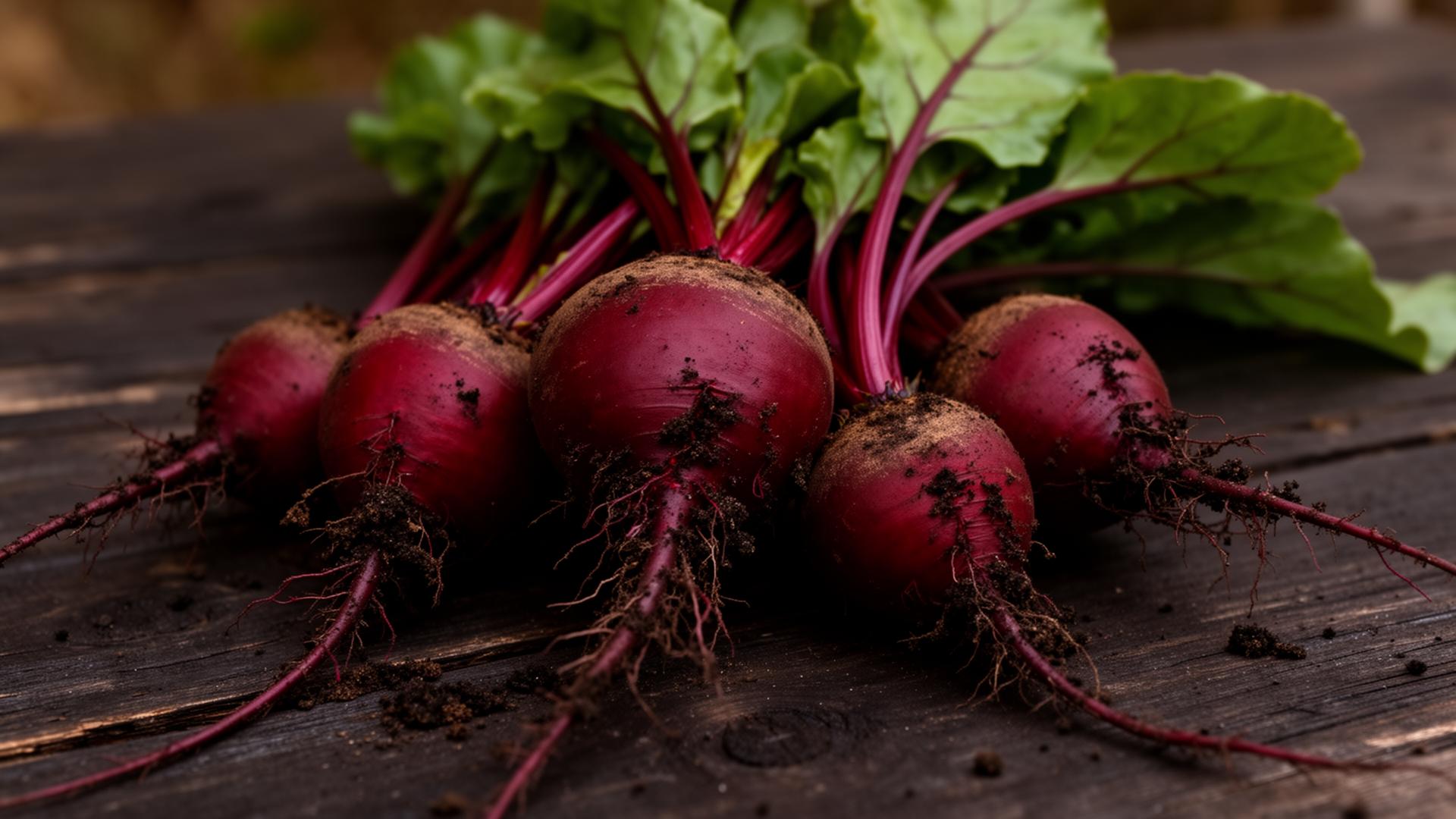 Freshly harvested red beetroot with soil still on the roots